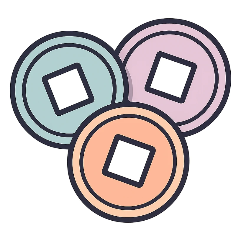 three Chinese coins with square holes, icon-color-outlined style, no red thread, detailed shadows and highlights, thin clean contours, soft rounded shapes, pastel palette #98B5BC, #B5B3C1, #C9A3C9, #E4C0CA, #F7DCD1, #F7C0AA, modern Japanese pop art and sticker aesthetic, high detail, vector sharpness, soft lighting, transparent background sticker