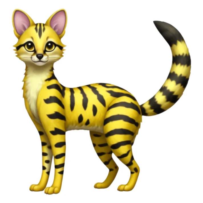 Lanky slender beautiful elegant spotted hype-realistic, black-maned, vibrant yellow Genet-Serval-Civet-fusion-hybrid-furry-fursona, full body, with a long puffy fluffy black-and-white-striped tail sticker