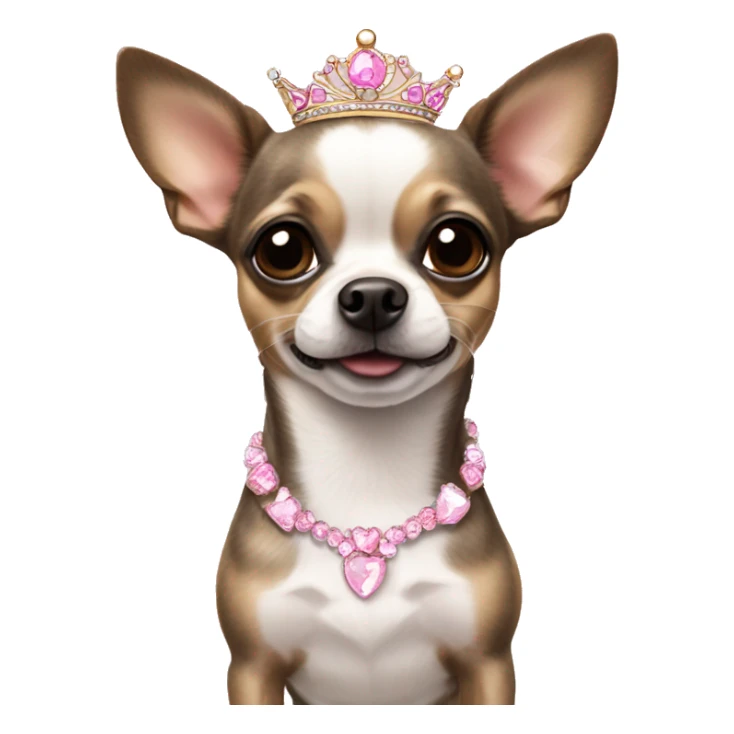 Brindle and white chihuahua wearing a pink tiara sticker