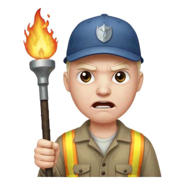 Angry man with a torch and a pitchfork and a cap that says "no blathy" sticker