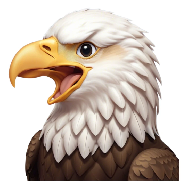 Cinematic Cute Yawning American Eagle Portrait Emoji, Head tilted slightly with a dramatic, wide-open yawn, showcasing a stately form with gently drooping feathers and sleepy, half-closed eyes, Simplified yet irresistibly adorable features, highly detailed, glowing with a soft, cozy majestic glow, high shine, relaxed yet expressive, stylized with a dash of whimsical aerial charm, soft glowing outline, capturing the essence of a drowsy yet affectionate American eagle that appears ready to stretch out for a nap! sticker