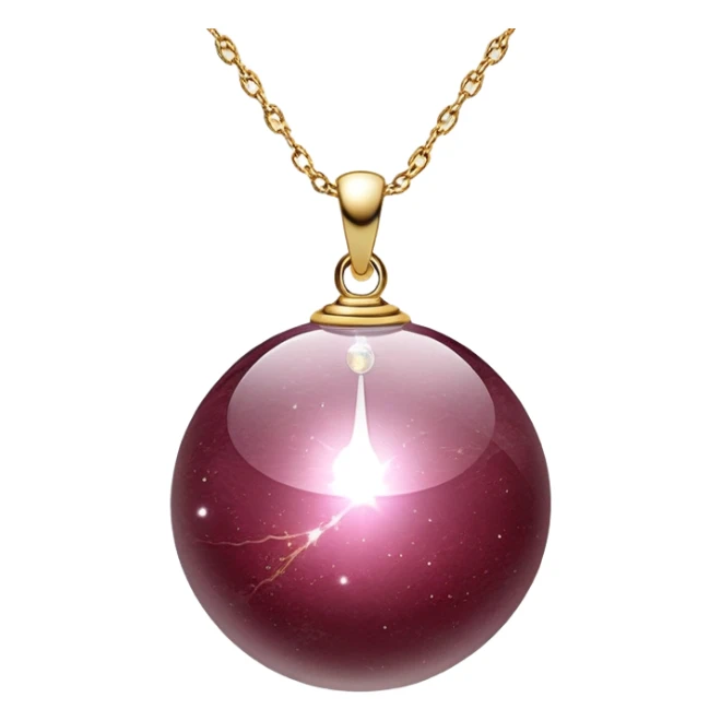 A polished round ball wine granite pendant suspended from a delicate gold chain, like a drop of enchanted starlight, glowing with the warmth of passion and the quiet power of transformation ethereal floating magical moving around... rebirth  sticker