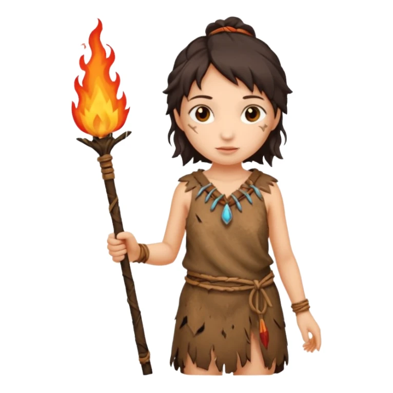 ancient girl, tattered animal skin cloth, hold fire stick sticker