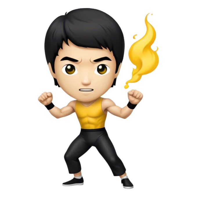 Cinematic Realistic Bruce Lee Pop Culture Emoji, featuring a dynamic portrayal of the legendary martial artist rendered with crisp detail and energetic lighting. sticker