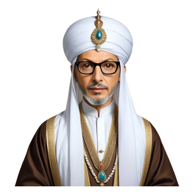Jeff Goldblum no glasses as a regal portrait dressed as suleiman-the-magnificent,-depicted-as-a-regal-ottoman-sultan-adorned-with-a-large,-white,-round,-tall-turban-and-a-majestic-grey-beard,-his-commanding-gaze-bathed-in-warm,-historic-lighting-that-exudes-time with a large beard **no glasses* sticker