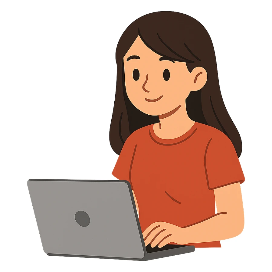 flat toon style brunette girl working on a laptop sticker