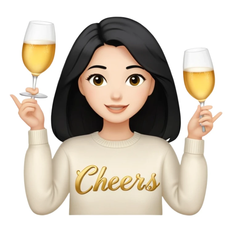 A woman with shoulder-length black hair, light to medium skin tone, full cheeks, and almond-shaped eyes, wearing a white sweater with the word 'cheers' in gold script, lying comfortably on a bed with soft lighting, joyful and radiant expression. sticker