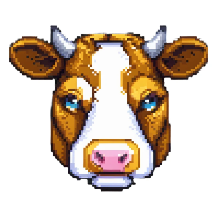 simple blocky Minecraft cow head emoji with 2 or 3 large colorful square pixels, chunky, playful, childlike sticker