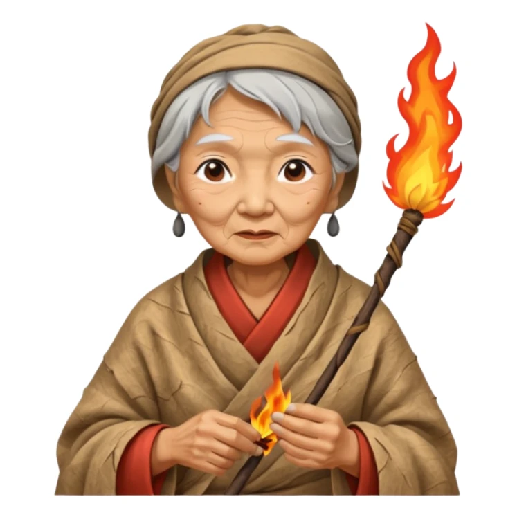 ancient asian old woman, tattered leaf cloth, hold fire stick sticker