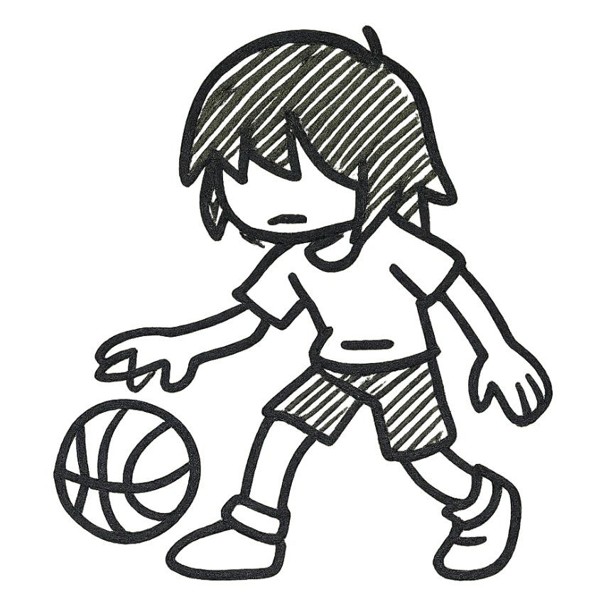 Kris from Deltarune dribbling a basketball, outlined icon style, minimalistic, black lines, no fill sticker