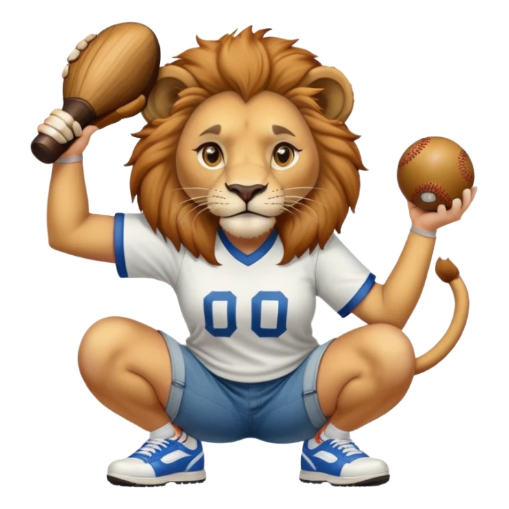 confident anthropomorphised female lion wearing a baseball shirt, jeans, and trainers, squatting and lifting an object sticker