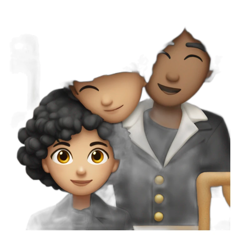 Fair thin boy dressed black coat and black hat and lightly tanned girl in white coat hugging sticker