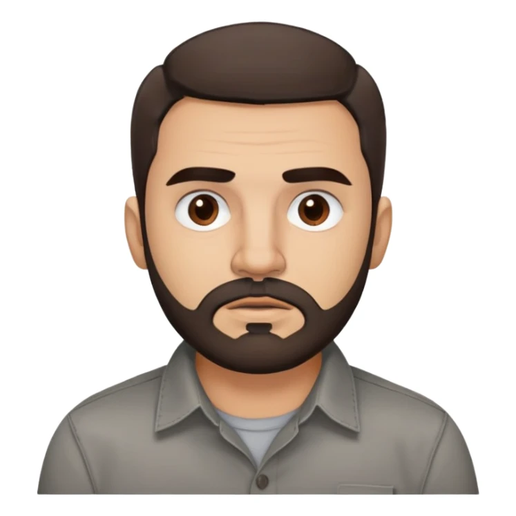 Puerto Rican actor René Monclova with round face, wide jaw, light skin. Expressive dark brown eyes, thick eyebrows. Short brown hair with receding hairline. Messy beard, brown with some gray patches. Wearing a dark button-down shirt. sticker