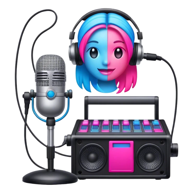 Create a vibrant and modern emoji that represents pop or stage vocal performance. The design should feature a high-quality microphone, a stage monitor, and a sound mixing console to symbolize the professional setup used in pop vocals. Add elements like studio headphones or a soundboard with sliders to reflect the technical side of live performances. Use energetic colors like neon pink, electric blue, and silver to convey the dynamic, high-energy nature of pop and stage singing. The background should be transparent. sticker