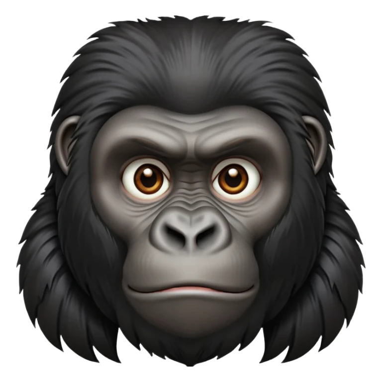 Gorilla face, realistic primate features, dark fur, strong brow ridge, iOS emoji style sticker