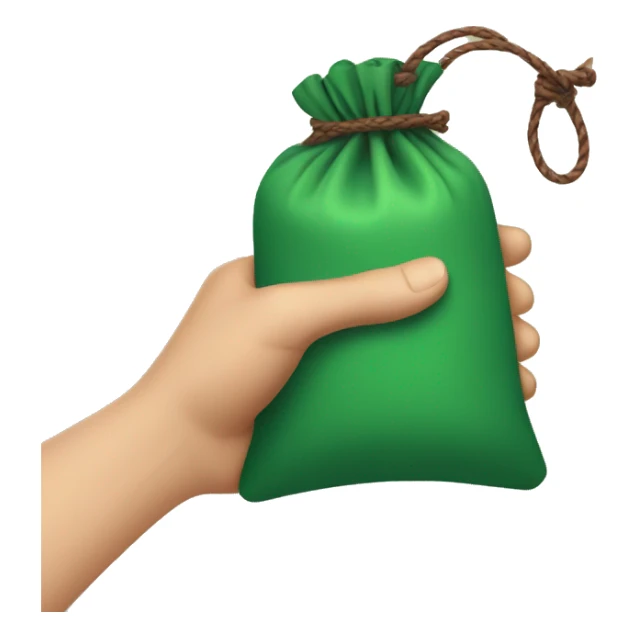 hand holding up a green pouch that is tied with brown string sticker