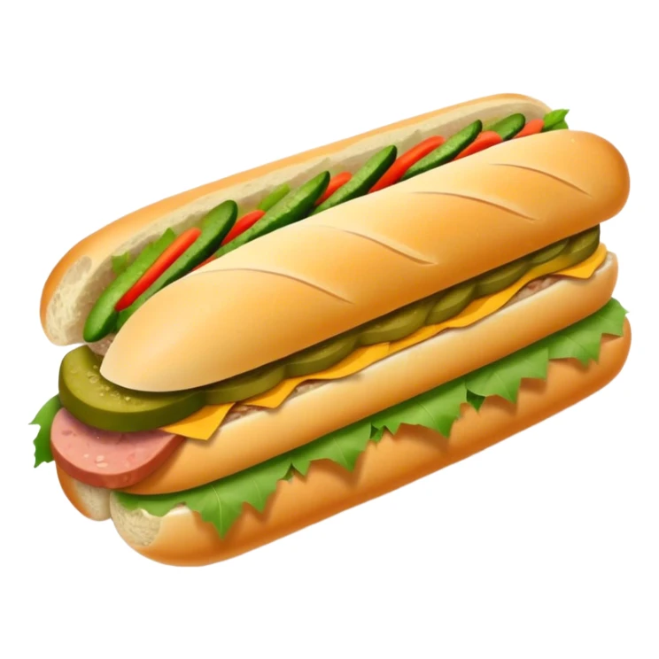Cinematic Realistic B√°nh m√¨ Sandwich Dish Emoji, showcasing a crusty baguette filled with savory meats, pickles, and fresh herbs rendered with dynamic detail and appetizing lighting. sticker