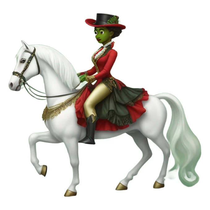 a green amazon alien woman in victorian red on a white horse sticker