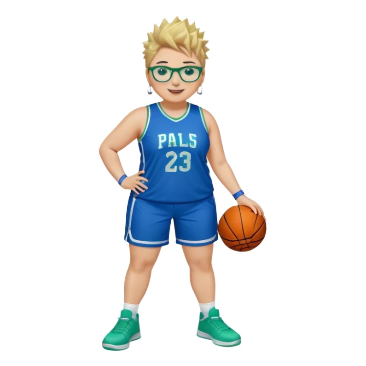 Full Body plus size white female basketball player with medium brown with blond hair with short spike hair wearing blue glasses 
With a small wide nose wearing blue green uniform  green sneakers smiling wearing silver hoop earring  sticker