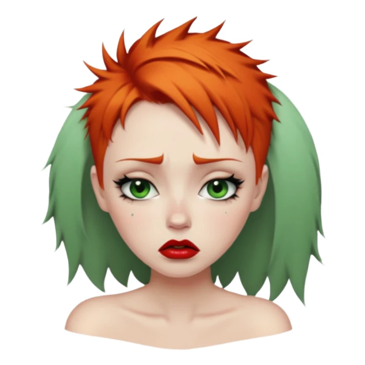 Short spikey Ginger hair, green eyes, black long eye lashes large red lips White woman very sad crying  sticker