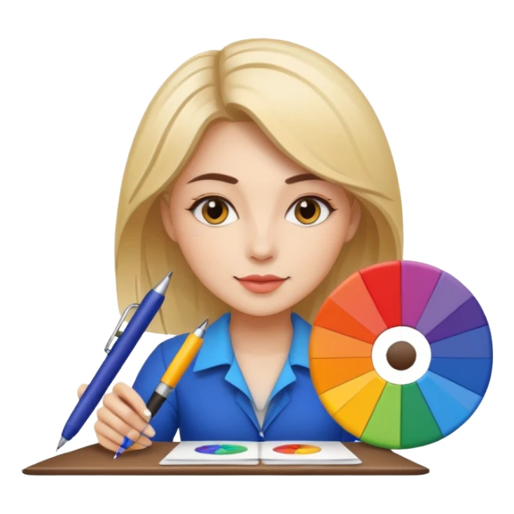 female graphic designer , color wheel, pens, papers sticker