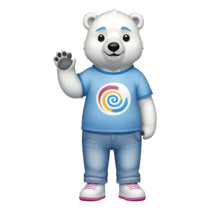 friendly anthropomorphised polar bear standing upright, looking chilled and unbothered, wearing a shirt, jeans, trainers, and spiral-shaped colorful glasses sticker