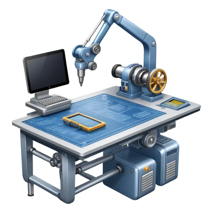 An icon featuring an engineer’s desk with blueprints, a ready machine, and microchips, symbolizing engineering. The design includes gears, tools, and a caliper, representing the design and construction of innovative technologies. Transparent background highlights the precision sticker