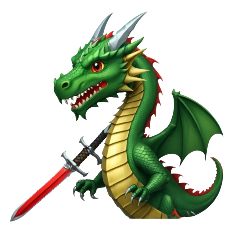 green dragon head with medieval sword above, sword with classic knight's hilt and wide blade, simple bold details, transparent background sticker