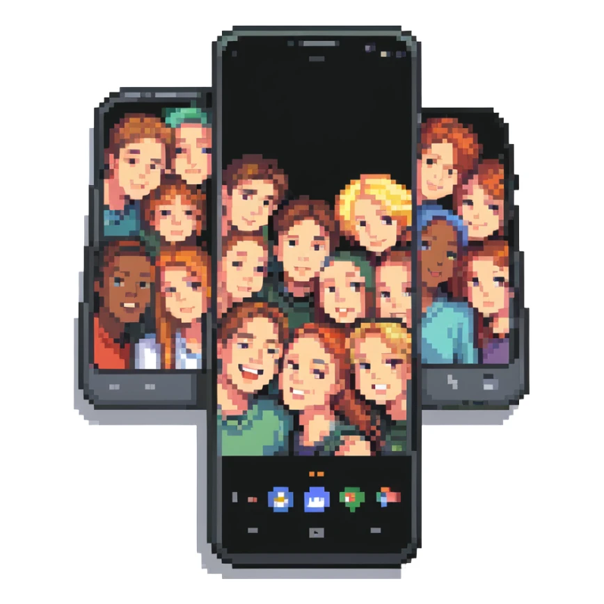 Y2K folder phone, open, showing a group selfie on the screen sticker