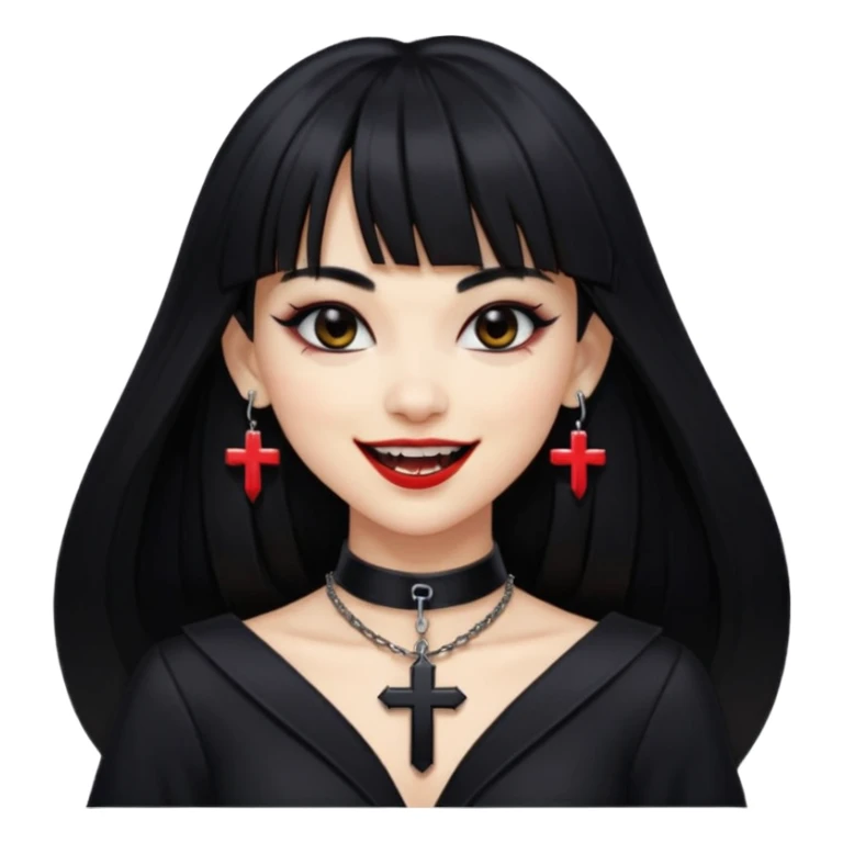 vampira com cabelo preto longo e liso e franja, olhos pretos, brincos em formato de cruz, choker em formato de cruz, roupa preta com decote, batom preto e sorrindo mostrando as presas de vampira sticker