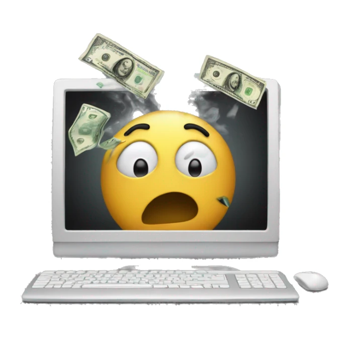 A stressed-out computer with smoke coming out and money flying away sticker