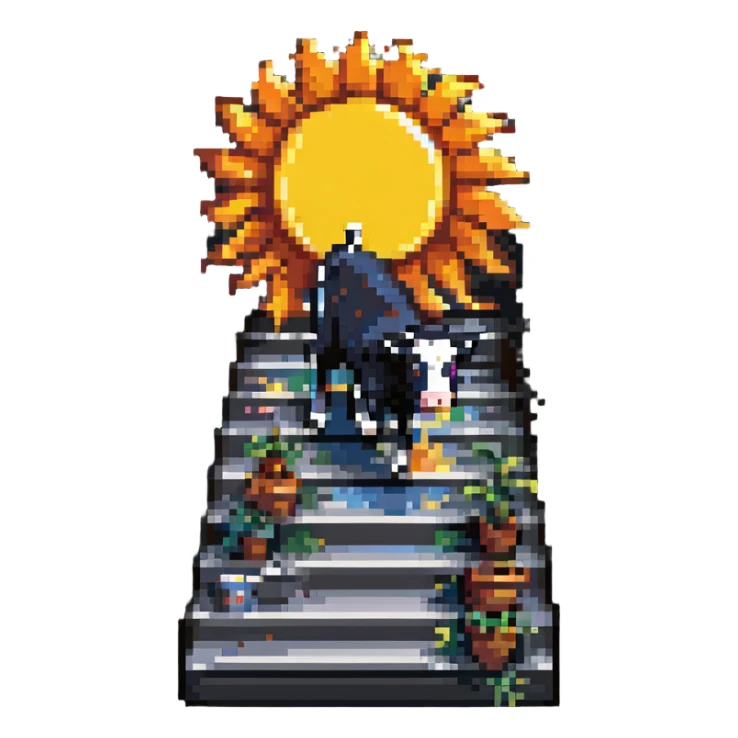 pixel art illustration merging a staircase, the sun, and a cow into a single whimsical form sticker