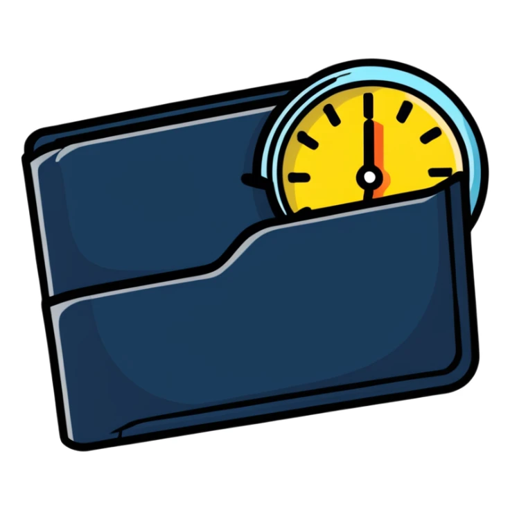 wallet with a zooming clock with motion blur in top right corner, clock with speed streaks, speedometer-style clock showing fast service sticker