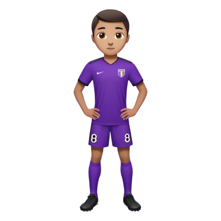 Apple emoji style 21 year old athletic soccer player standing same pose, purple jersey #8, clean gradient background sticker
