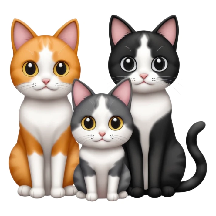 Three cats sitting together: one black and white, one calico (three-colored), and one gray, simple and cute emoji style sticker