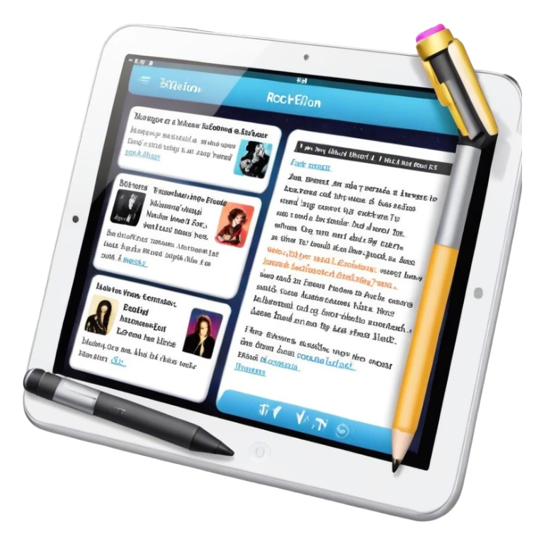 Create an emoji representing fanfiction writing. The design should feature a tablet with a screen displaying images of rock and movie stars, symbolizing the inspiration from popular culture. Next to the images, there should be visible text representing the fanfiction being written. A stylus should be placed near the tablet to emphasize the act of writing. Use a creative and expressive color palette with vibrant and neutral tones. Do not include any emojis or smiley faces. Make the background transparent. sticker