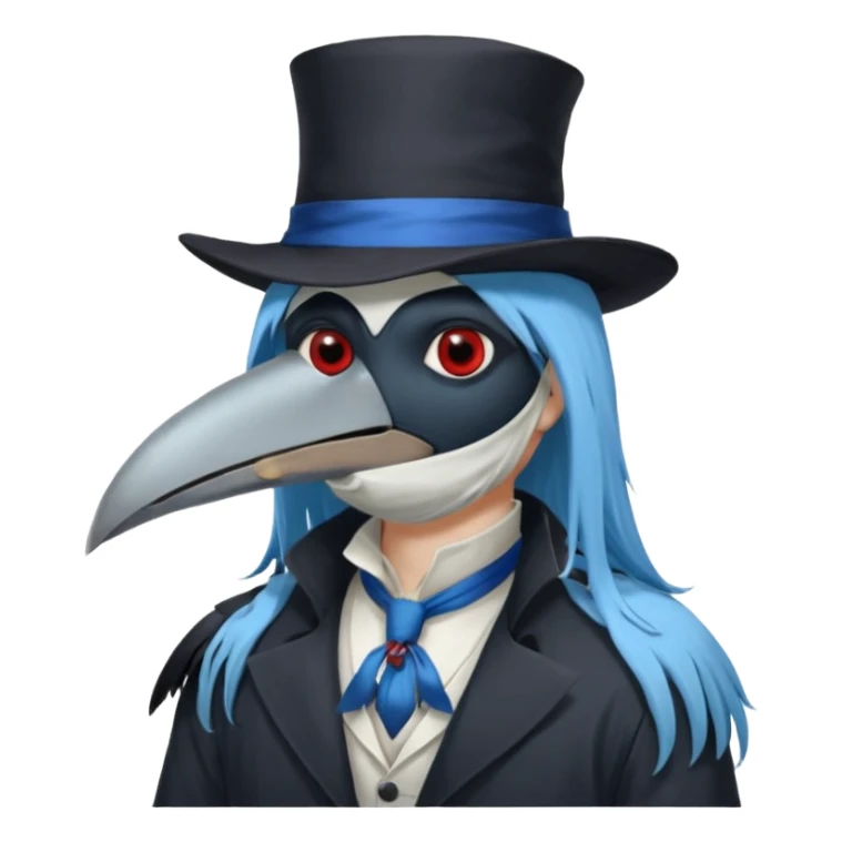 Plague Doctor with light-blue beautiful hair, handsome sexy, long hair tendril bangs down on the sides, white lab coat, blue cravat, black feathers on shoulder, raven companion, black gloves, red eyes sticker