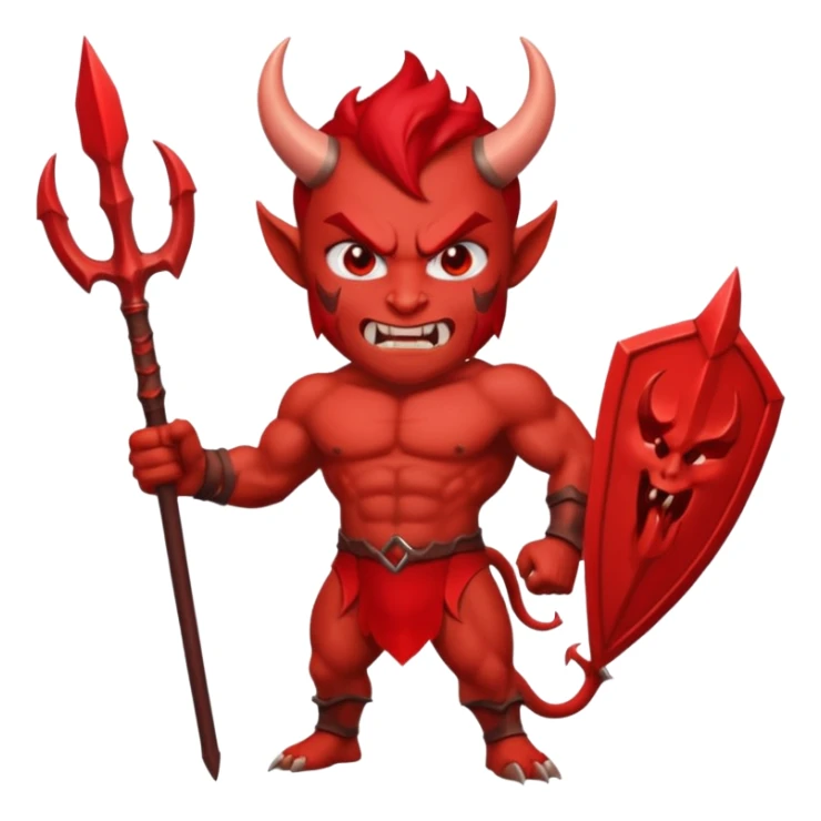 Emoji-style devil: red skin, horns, muscular body, red trident, angry face, sticker