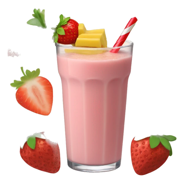 A strawberry banana smoothie with a orange straw sticker