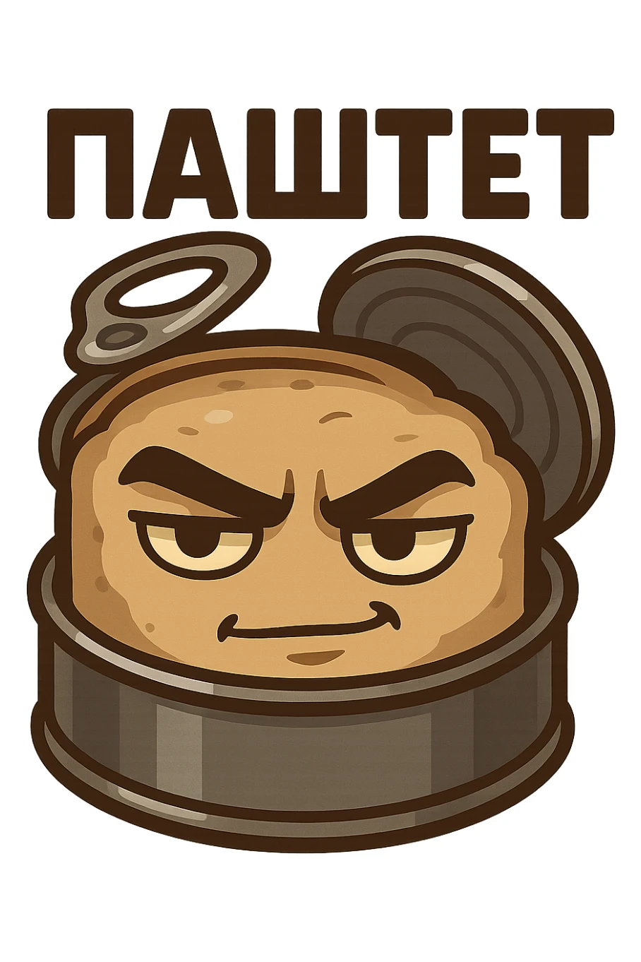 Chibi style open pâté tin can with visible pâté inside, masculine vibe, confident tough expression, half-smile smirk, thick eyebrows, slightly narrowed eyes, calm dominant energy, cartoon but not babyish, strong simple shapes, thick bold outline, muted colors (beige, brown, dark gray), flat illustration, no background, Twitch emote style, readable at small size, text on top saying "ПАСТЕТ" in bold strong Cyrillic letters sticker