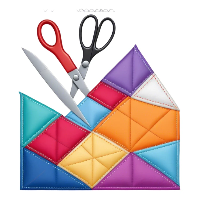 Patchwork icon, colorful quilt with sewn-together fabric pieces, visible stitching, scissors, thread, and sewing needles, minimalistic style, clean lines, transparent background. sticker