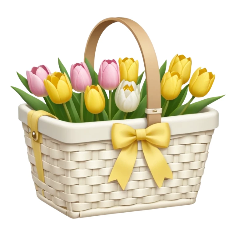 A white Picnic basket with yellow pastel bow, white peonie, tulips sticker