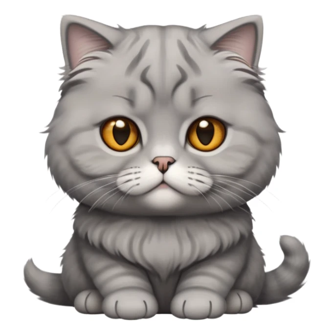 Cinematic-Fluffy-Grey-Scottish-Fold-Cat-Portrait-Emoji – Head tilted cutely with big, sparkling amber eyes, soft solid grey fur, and signature small folded ears pressed gently against its round head, simplified yet irresistibly adorable features, highly detailed, glowing with a soft and warm charm. sticker