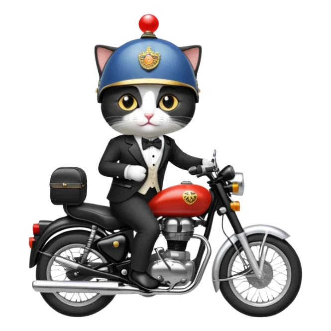A tuxedo cat riding a royal enfield bike sticker