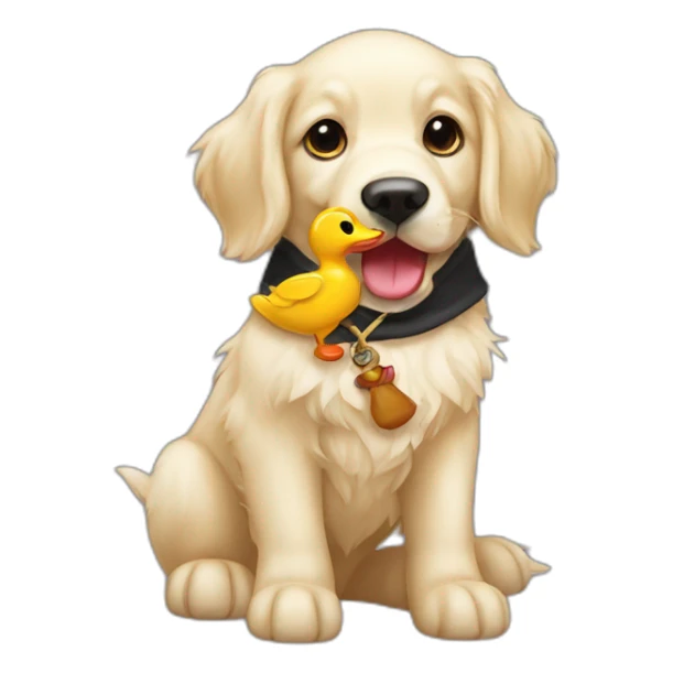 English cream golden retriever holding a pirate duck toy sticker