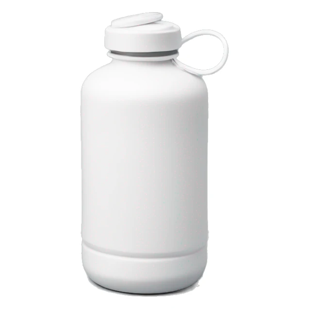 white water bottle with a rounded white lid, attached to a flexible white handle strap that connects to both sides of the lid base, allowing it to arch over the top for easy carrying sticker