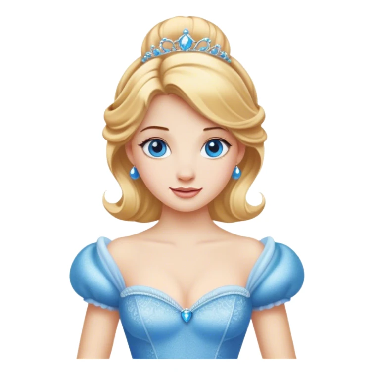 Cinematic Realistic Comical Cinderella Portrait, with every detail rendered realistically—from the soft, smooth texture of her fair skin to her artfully styled golden-blonde hair. Her bright blue eyes are wide with playful disbelief, and her expression carries a touch of whimsical humor while retaining elegant poise. Her classic ball gown, detailed with rich fabric textures and natural shadows, catches the light in a way that blends refined beauty with a hint of cheeky mischief, creating a striking, lifelike portrayal. sticker