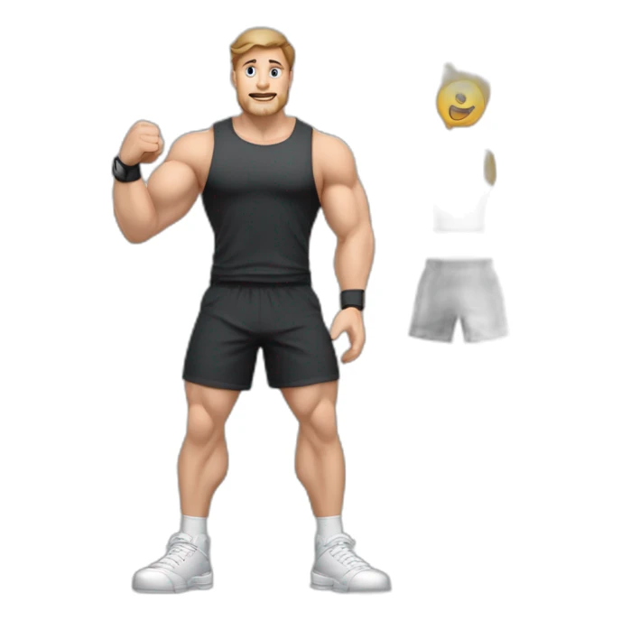 Full height Actively gesturing with hands Pale skinned fit man With the biceps and brown hair In dark gray sleeveless mike, black oversize sports shorts, watch and white sneakers sticker