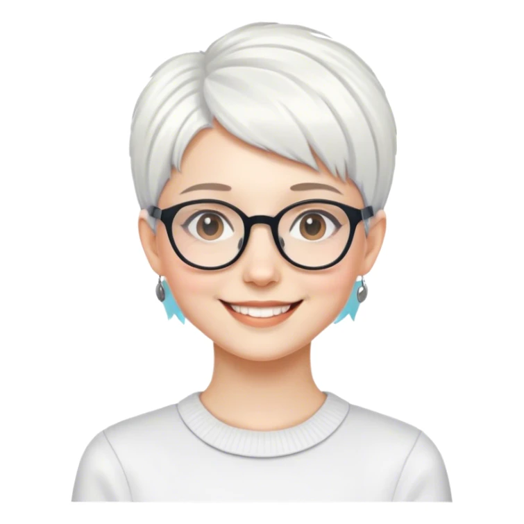 smiling girl with glasses indoors cropped pixie white hair  sticker