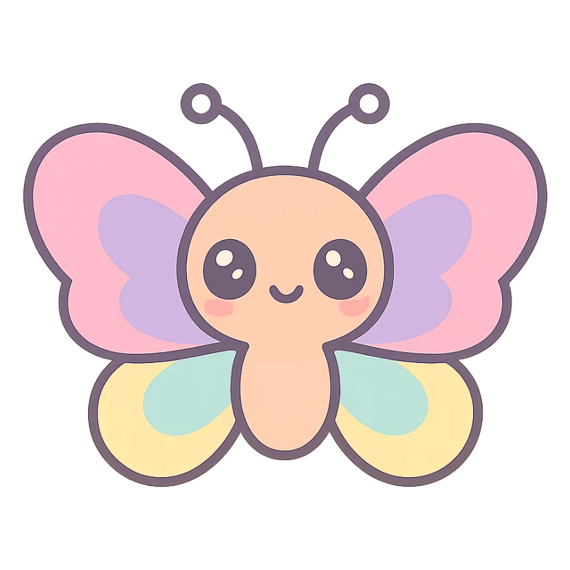 kawaii butterfly with big sparkling eyes, tiny body, pastel rainbow wings, cute and happy sticker